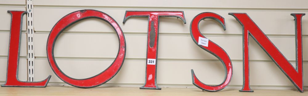 Five red enamelled letters - L O T S N, c.1920. Provenance Berwick on Tweed